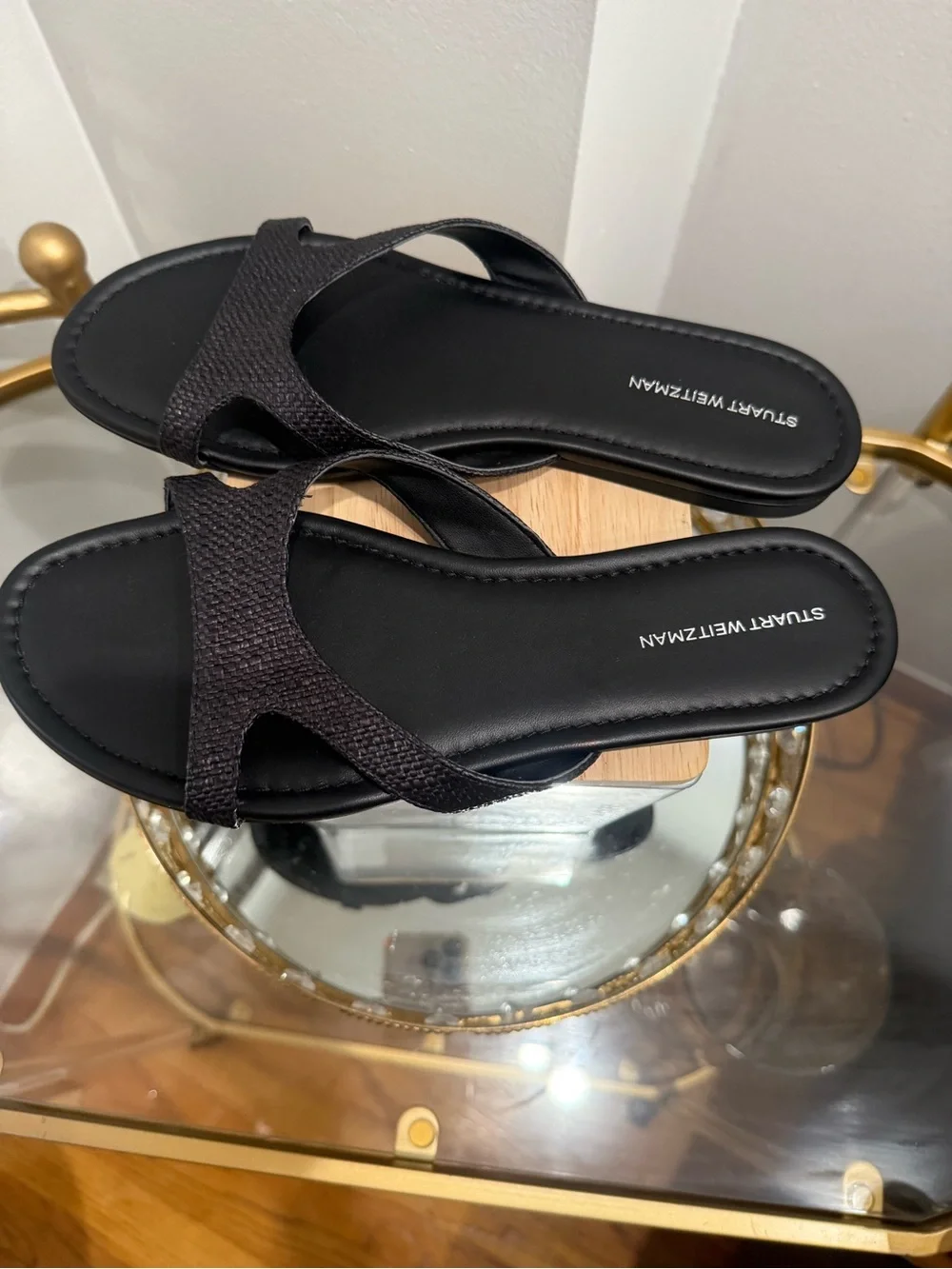 Stuart Weitzman Black Textured Cross-Strap Slide Sandals